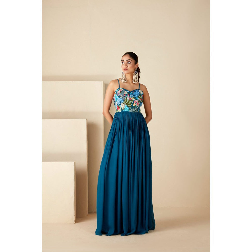 Suruchi Parakh Womens Teal Embroidered Maxi Dress
