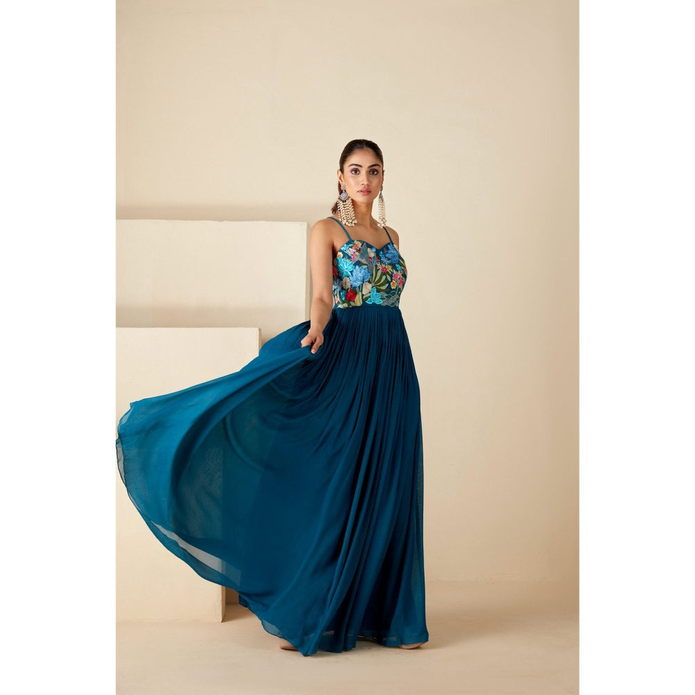 Suruchi Parakh Womens Teal Embroidered Maxi Dress