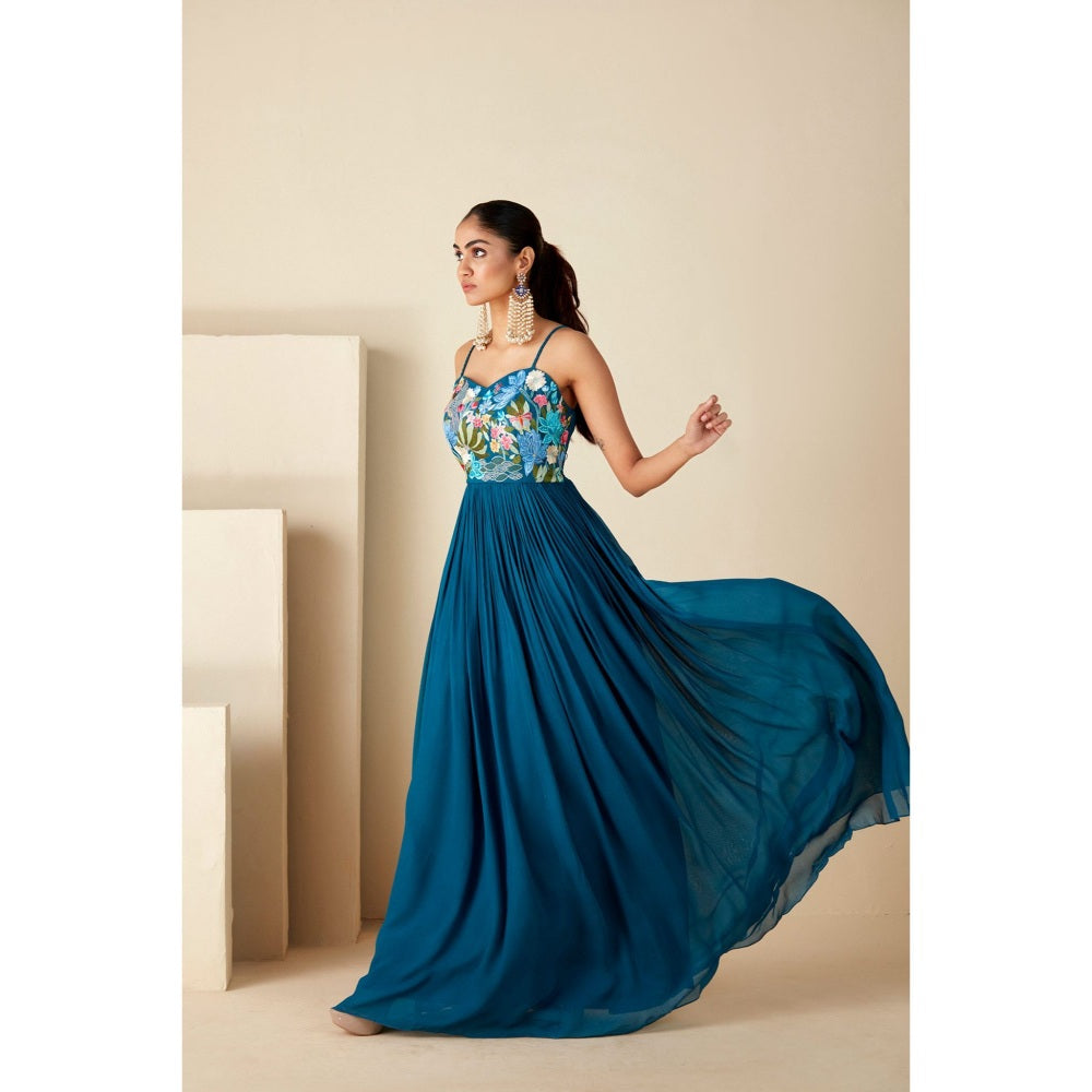 Suruchi Parakh Womens Teal Embroidered Maxi Dress