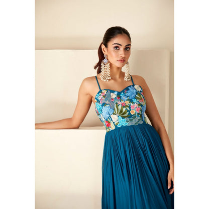 Suruchi Parakh Womens Teal Embroidered Maxi Dress