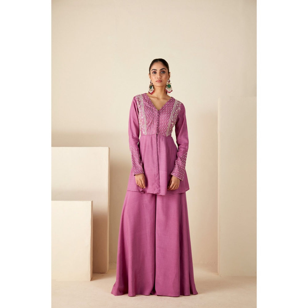 Suruchi Parakh Womens Pink Embroidered Peplum Top and Palazzo (Set of 2)