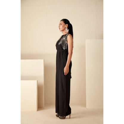 Suruchi Parakh Black Embellished Jumpsuit with Belt (Set of 2)