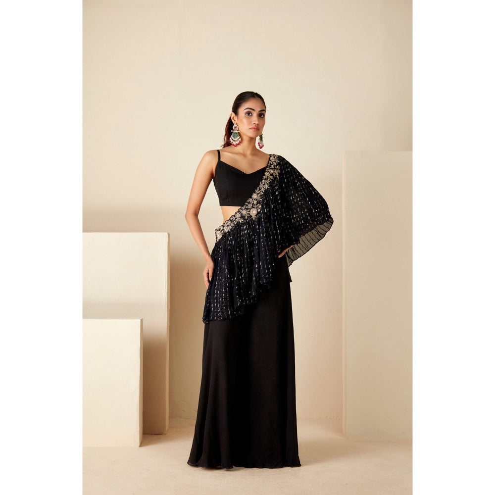 Suruchi Parakh Black Embellished Crop Top with Palazzo and Pre Drape Dupatta (Set of 3)