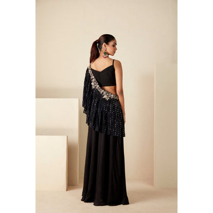 Suruchi Parakh Black Embellished Crop Top with Palazzo and Pre Drape Dupatta (Set of 3)