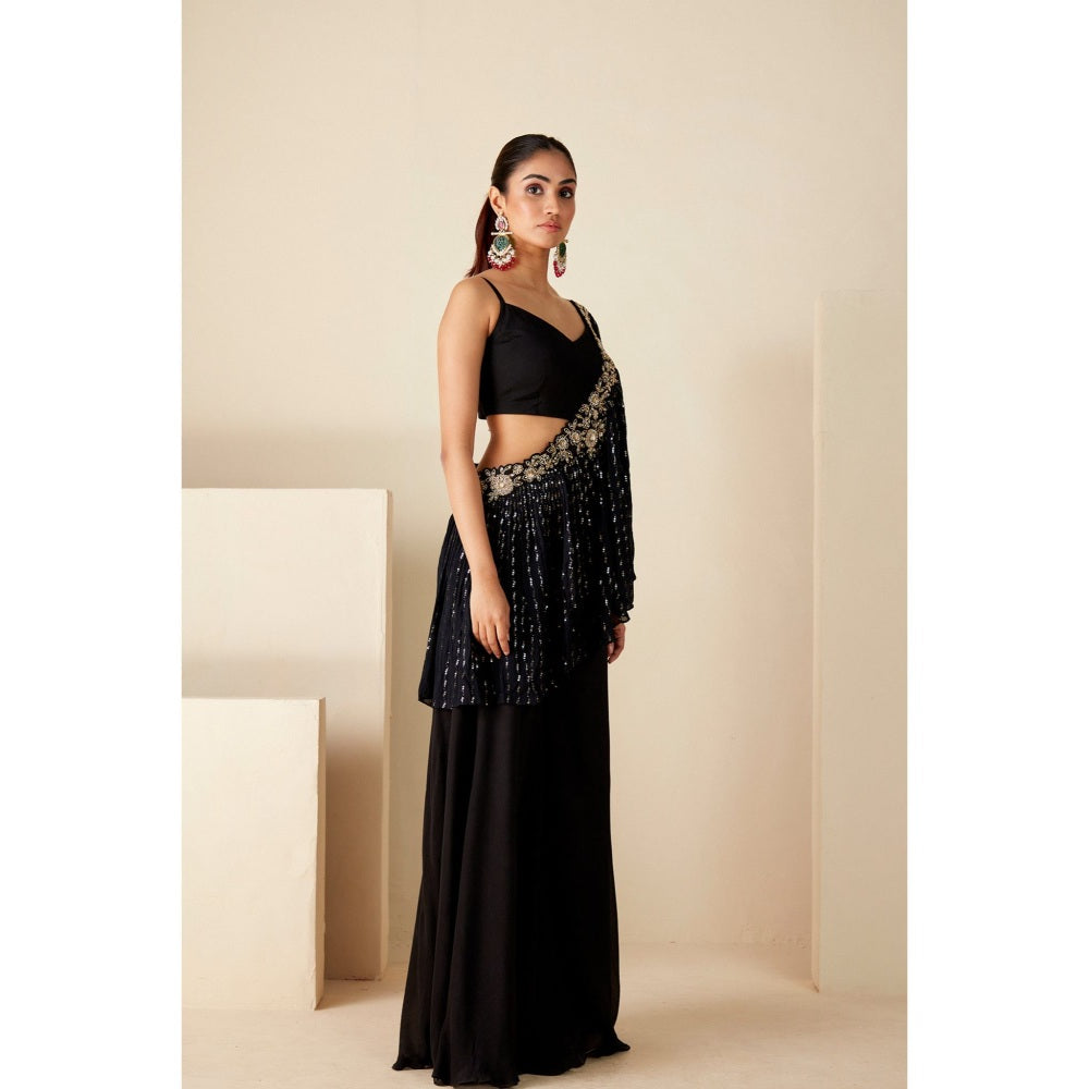 Suruchi Parakh Black Embellished Crop Top with Palazzo and Pre Drape Dupatta (Set of 3)