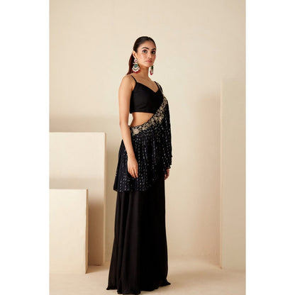 Suruchi Parakh Black Embellished Crop Top with Palazzo and Pre Drape Dupatta (Set of 3)