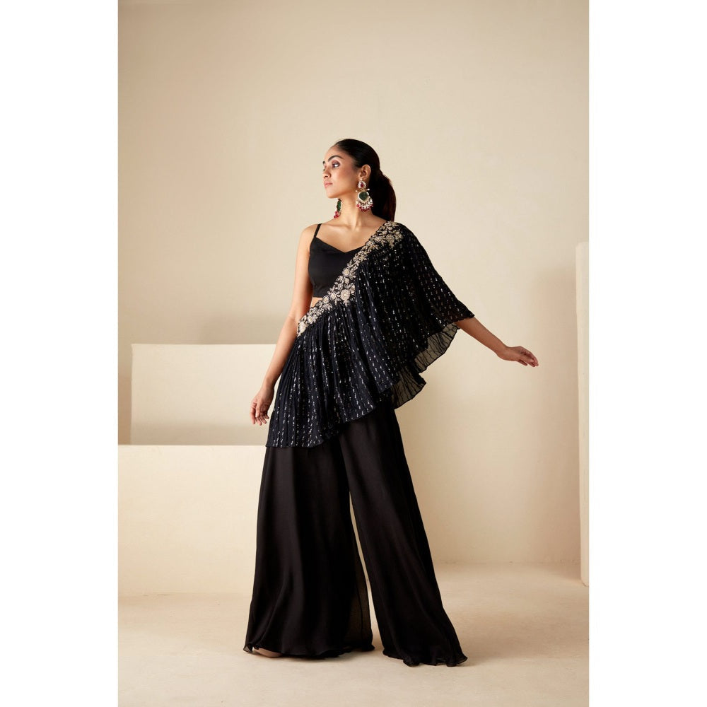Suruchi Parakh Black Embellished Crop Top with Palazzo and Pre Drape Dupatta (Set of 3)