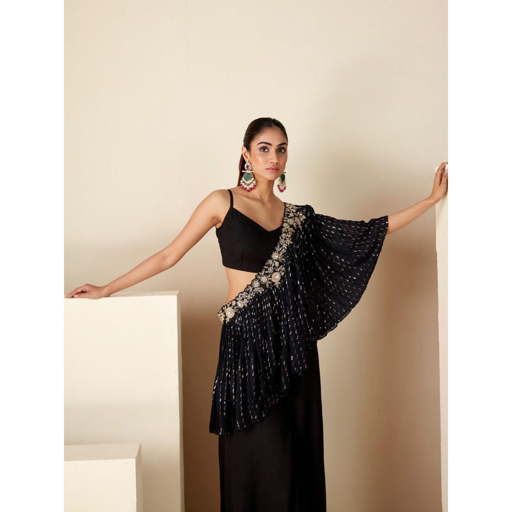 Suruchi Parakh Black Embellished Crop Top with Palazzo and Pre Drape Dupatta (Set of 3)