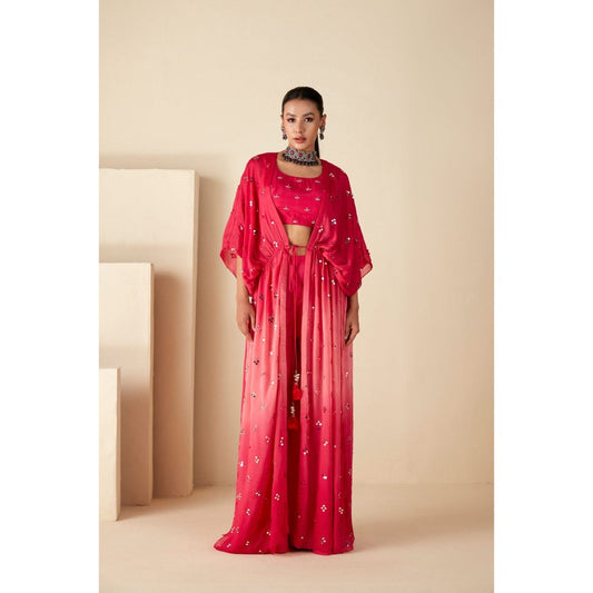 Suruchi Parakh Pink Womens Mirror Work Kaftan with Bustier and Palazzo (Set of 3)