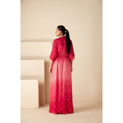 Suruchi Parakh Pink Womens Mirror Work Kaftan with Bustier and Palazzo (Set of 3)