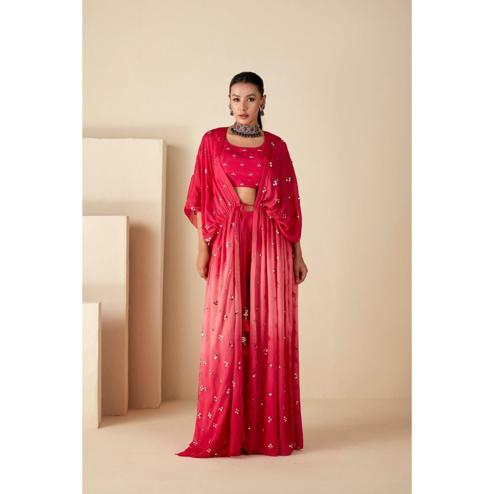 Suruchi Parakh Pink Womens Mirror Work Kaftan with Bustier and Palazzo (Set of 3)