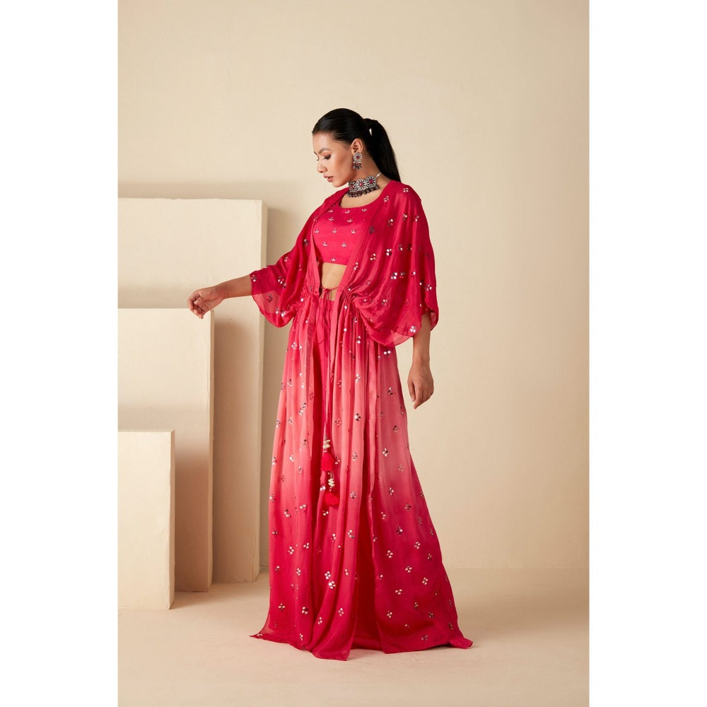 Suruchi Parakh Pink Womens Mirror Work Kaftan with Bustier and Palazzo (Set of 3)