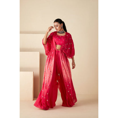 Suruchi Parakh Pink Womens Mirror Work Kaftan with Bustier and Palazzo (Set of 3)