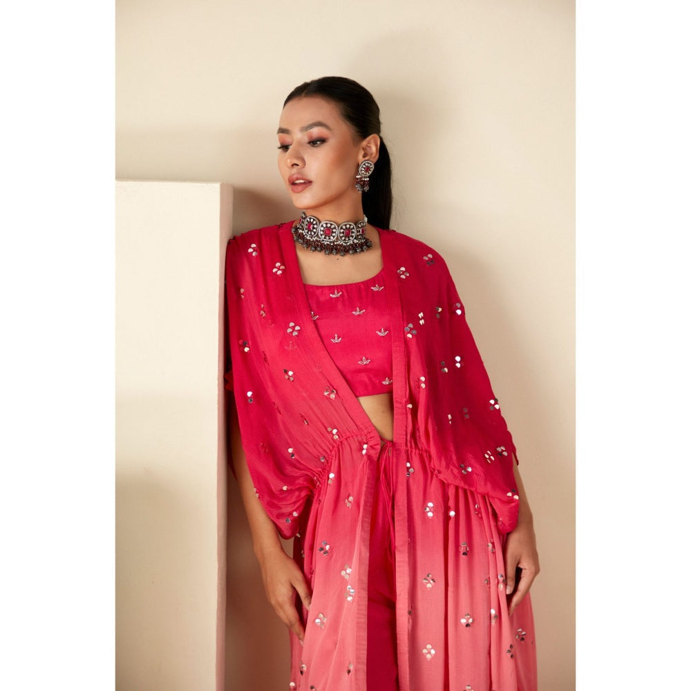 Suruchi Parakh Pink Womens Mirror Work Kaftan with Bustier and Palazzo (Set of 3)