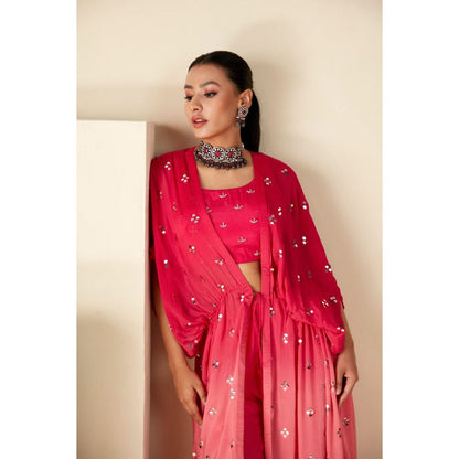 Suruchi Parakh Pink Womens Mirror Work Kaftan with Bustier and Palazzo (Set of 3)