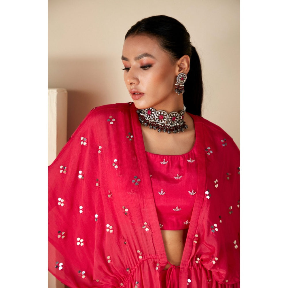 Suruchi Parakh Pink Womens Mirror Work Kaftan with Bustier and Palazzo (Set of 3)