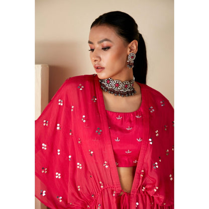 Suruchi Parakh Pink Womens Mirror Work Kaftan with Bustier and Palazzo (Set of 3)