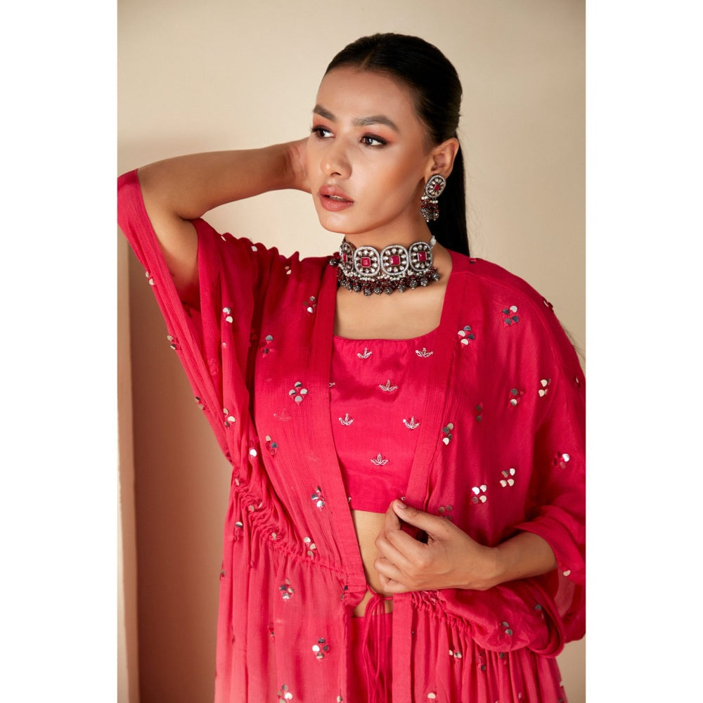 Suruchi Parakh Pink Womens Mirror Work Kaftan with Bustier and Palazzo (Set of 3)