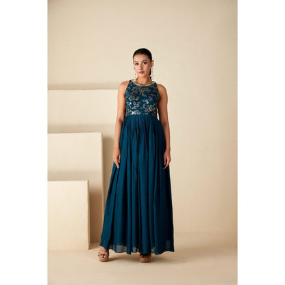Suruchi Parakh Womens Teal Mirror Work Maxi Dress