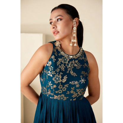 Suruchi Parakh Womens Teal Mirror Work Maxi Dress