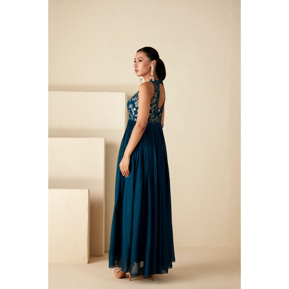 Suruchi Parakh Womens Teal Mirror Work Maxi Dress
