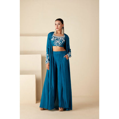 Suruchi Parakh Teal Jacket with Blouse and Palazzo (Set of 3)