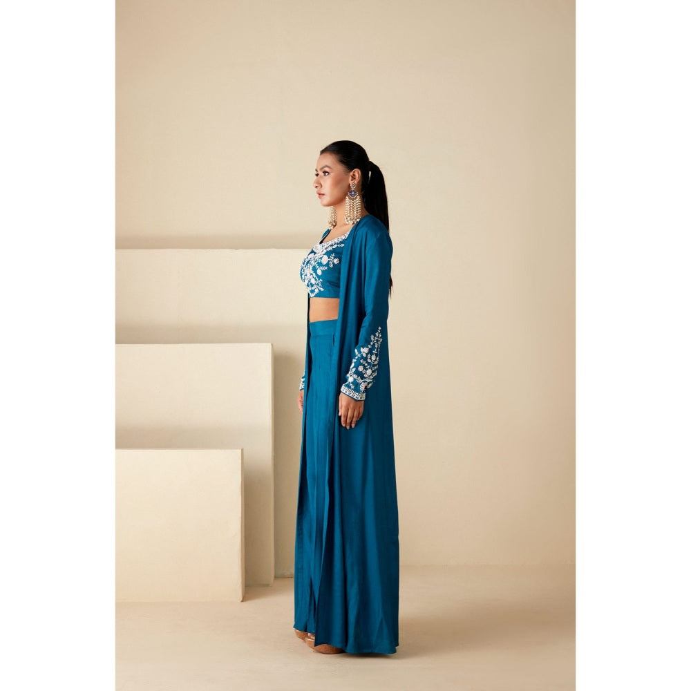 Suruchi Parakh Teal Jacket with Blouse and Palazzo (Set of 3)