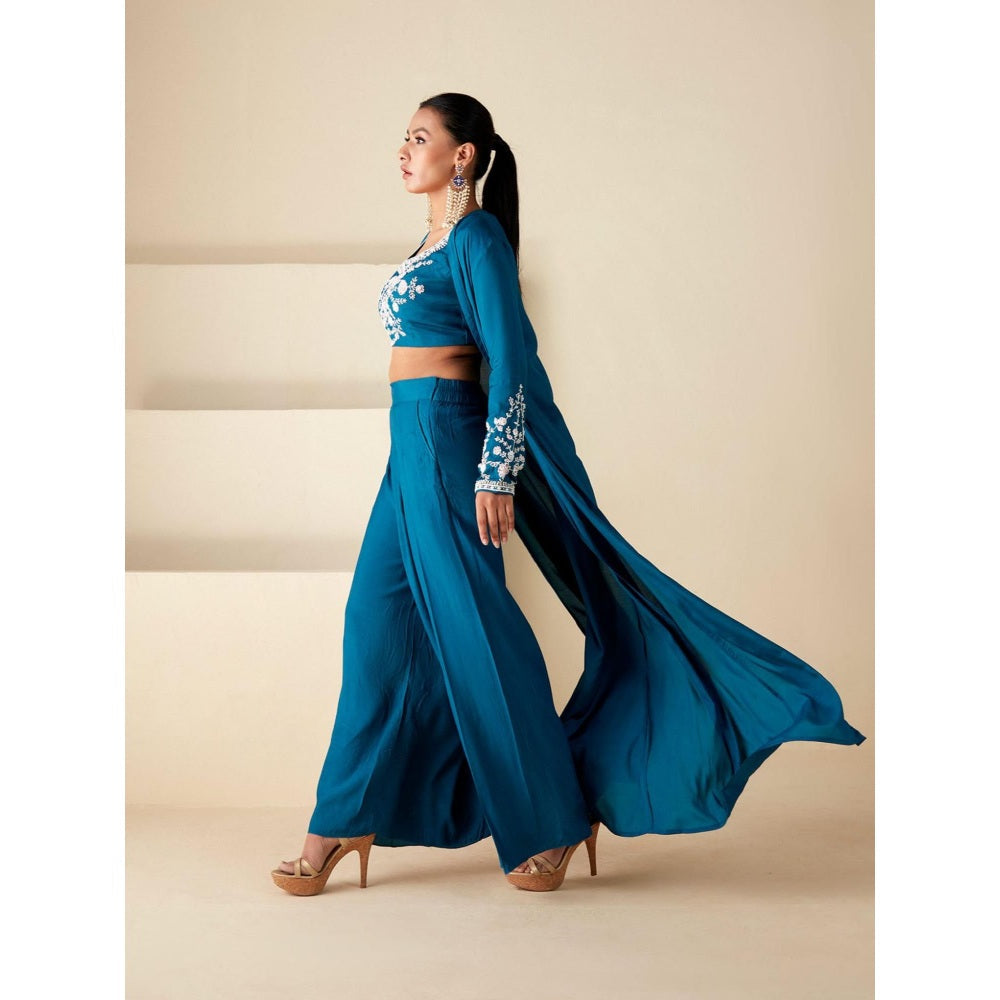 Suruchi Parakh Teal Jacket with Blouse and Palazzo (Set of 3)