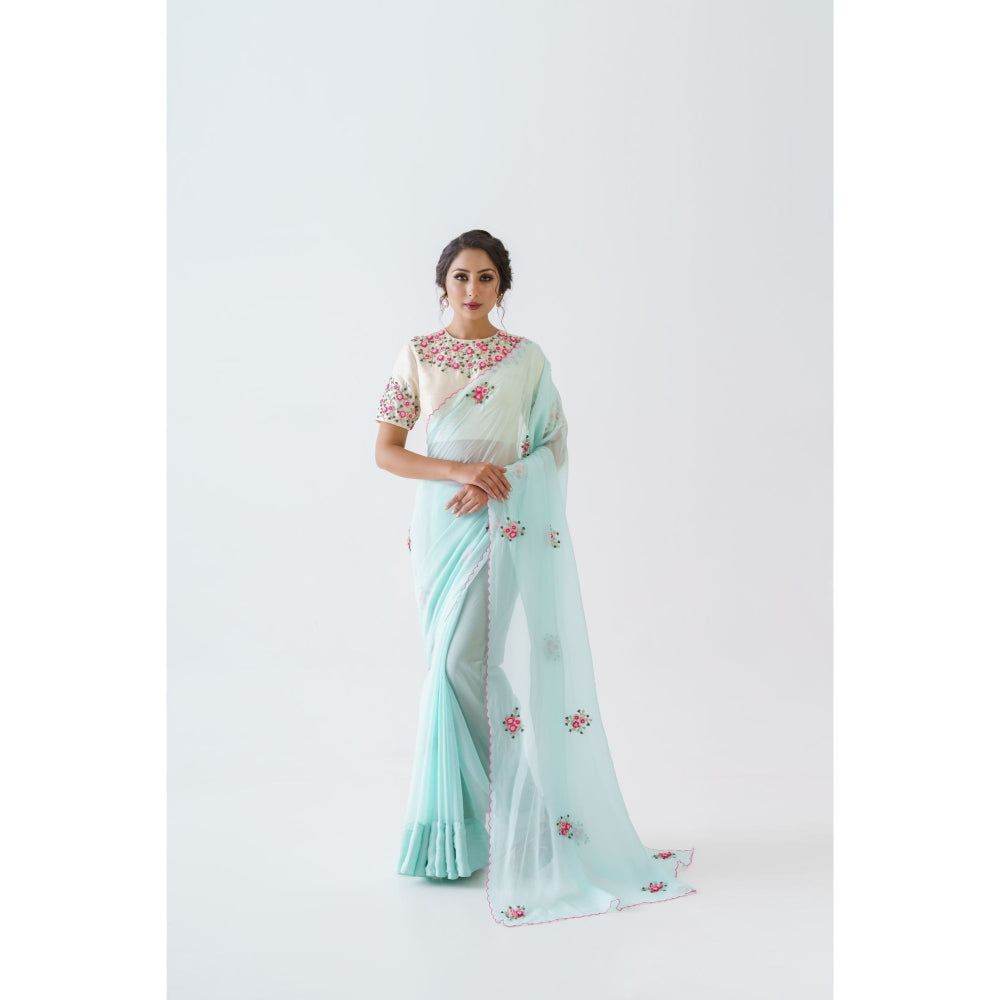 Suruchi Parakh Blue Embroidered Saree with Blouse and Petticoat with Stitched