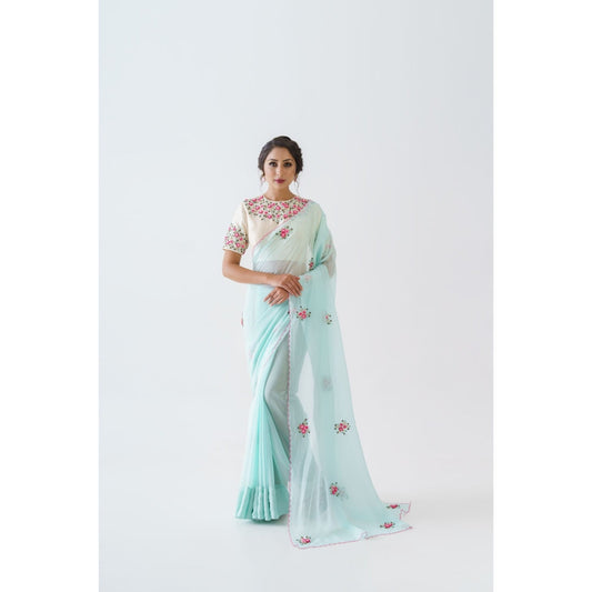 Suruchi Parakh Blue Embroidered Saree with Blouse and Petticoat with Stitched