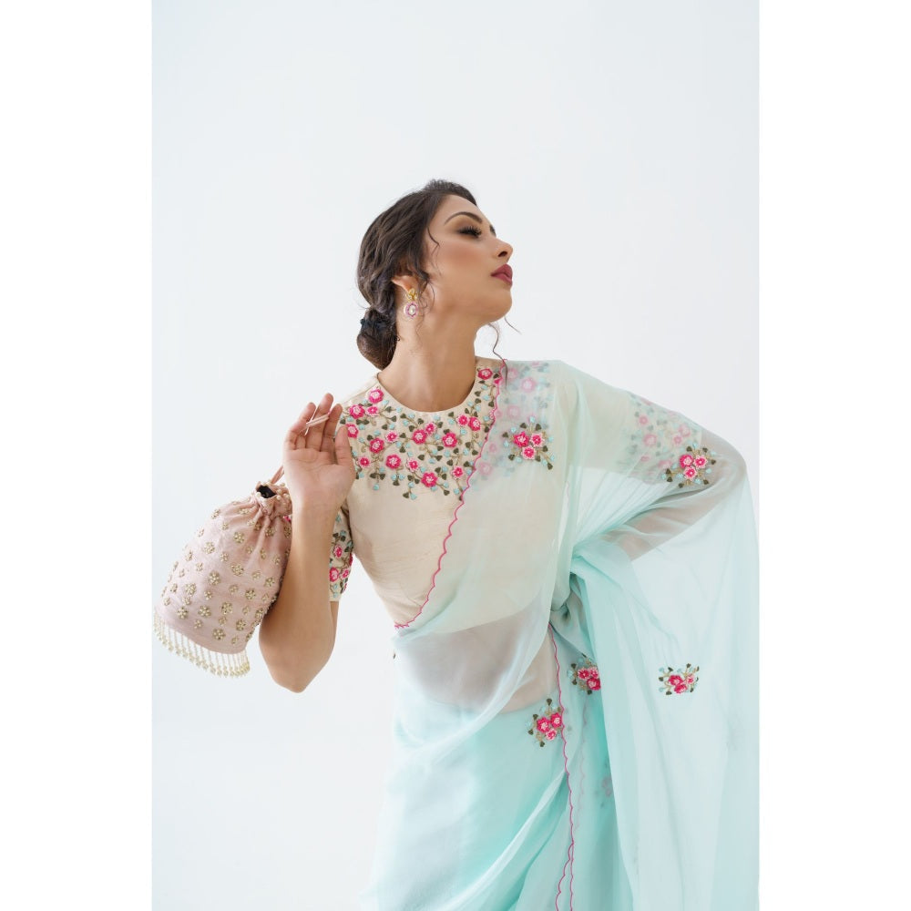 Suruchi Parakh Blue Embroidered Saree with Blouse and Petticoat with Stitched