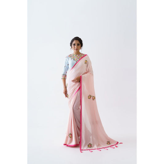 Suruchi Parakh Pink Embroidered Saree with Blouse and Petticoat with Stitched