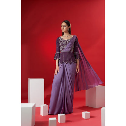 Suruchi Parakh Purple Embroidered Pre Drape Saree and Blouse with Stitched