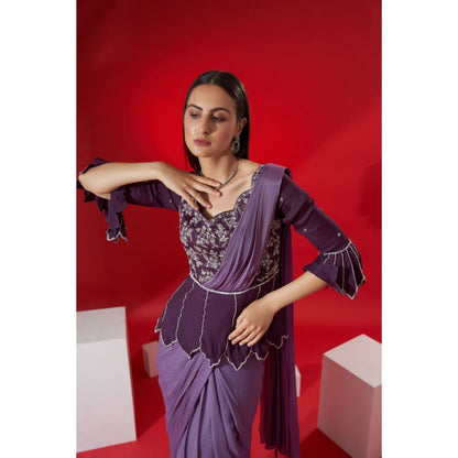 Suruchi Parakh Purple Embroidered Pre Drape Saree and Blouse with Stitched