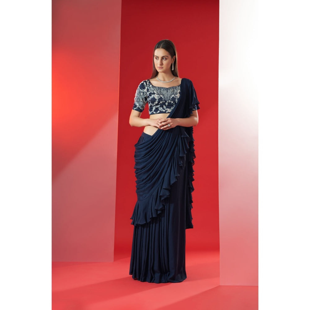 Suruchi Parakh Navy Blue Embroidered Pre Drape Saree and Blouse with Stitched