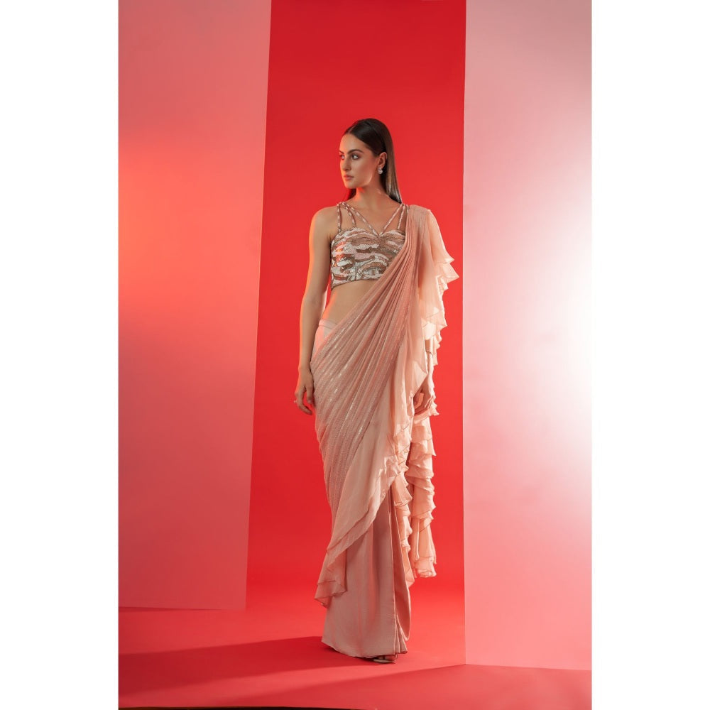 Suruchi Parakh Nude Embroidered Pre Drape Saree and Blouse with Stitched