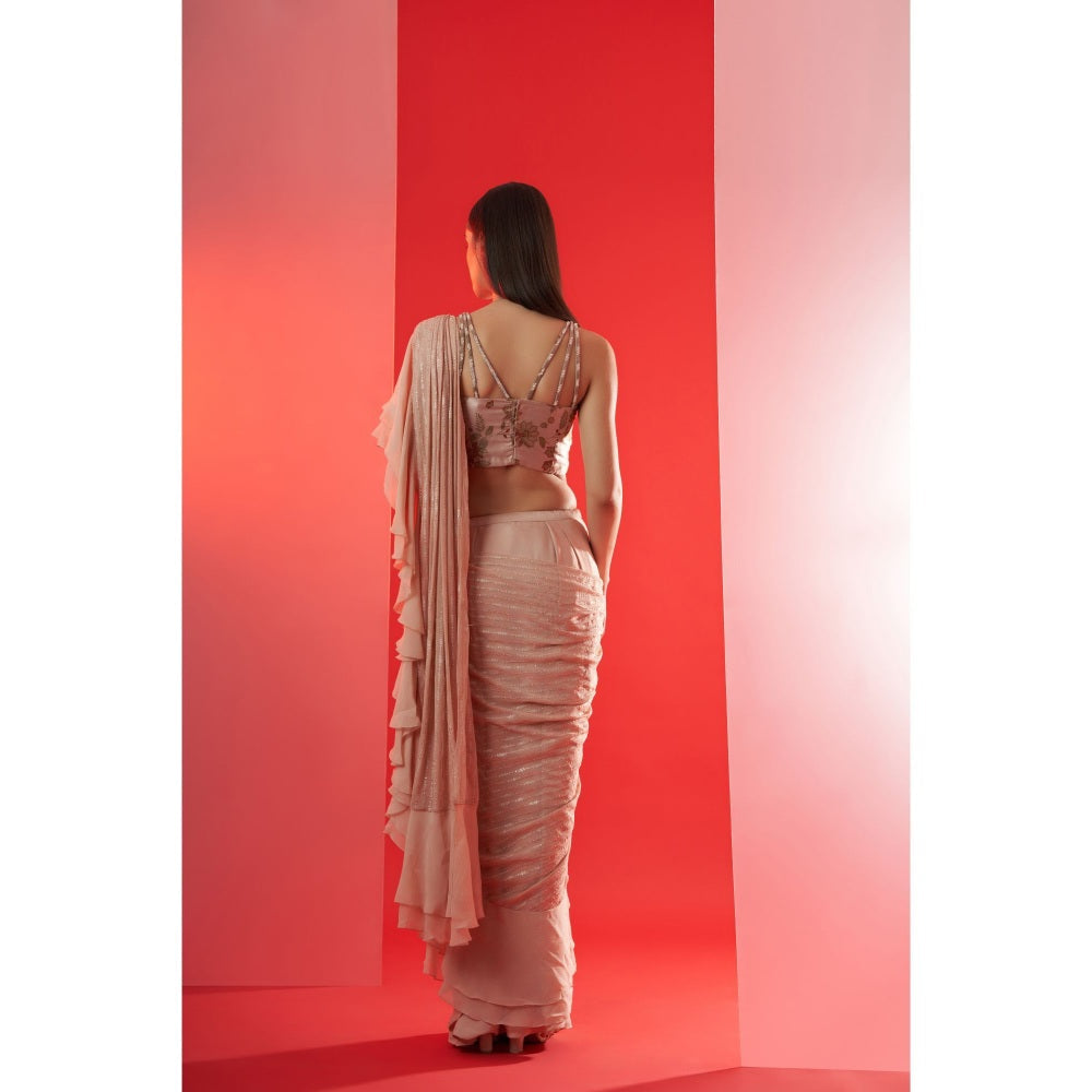 Suruchi Parakh Nude Embroidered Pre Drape Saree and Blouse with Stitched