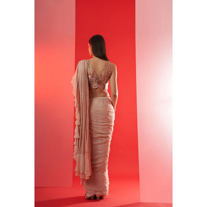 Suruchi Parakh Nude Embroidered Pre Drape Saree and Blouse with Stitched