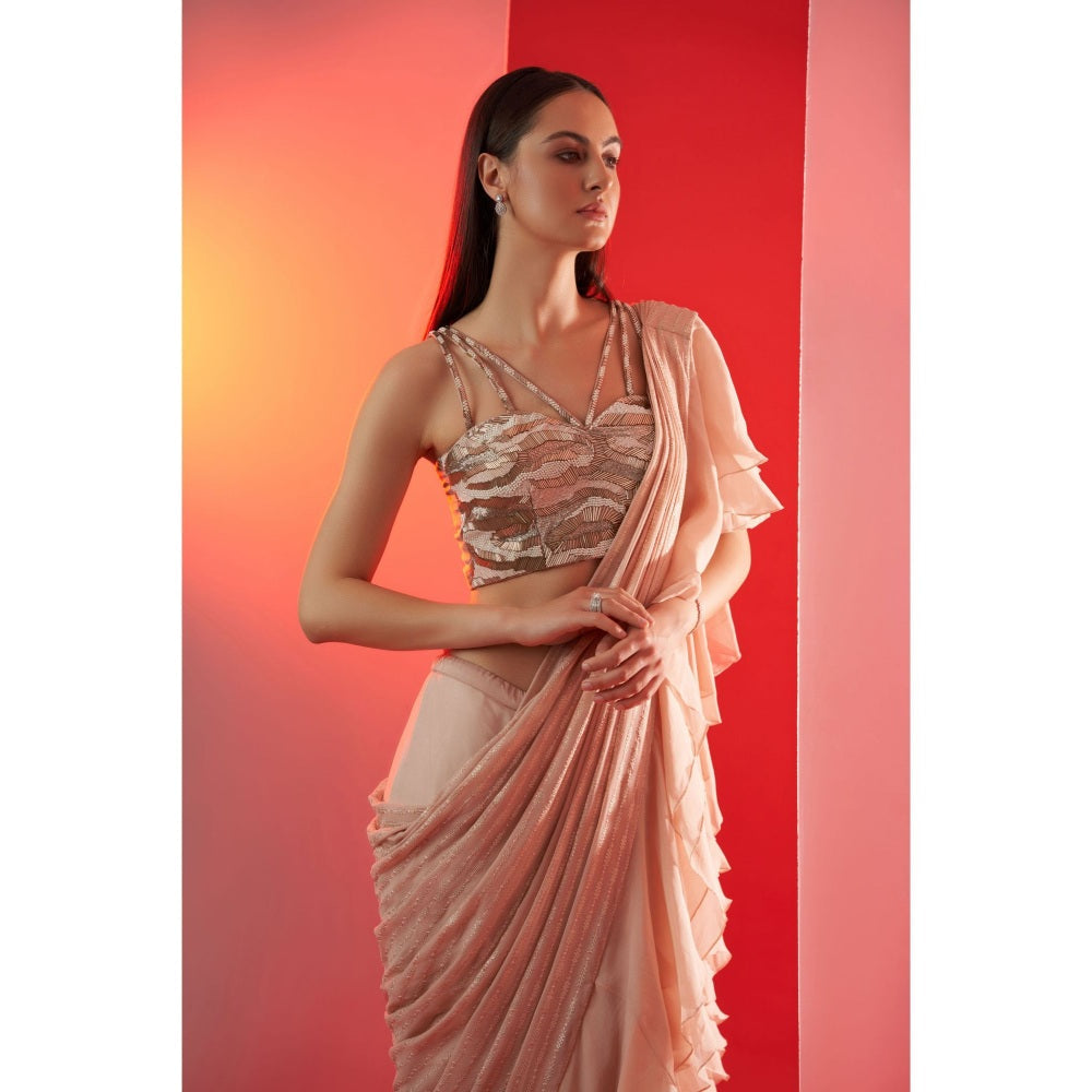 Suruchi Parakh Nude Embroidered Pre Drape Saree and Blouse with Stitched