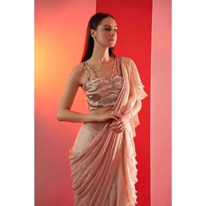Suruchi Parakh Nude Embroidered Pre Drape Saree and Blouse with Stitched