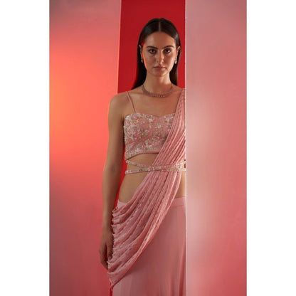 Suruchi Parakh Pink Embroidered Pre Drape Saree with Belt and Blouse with Stitched