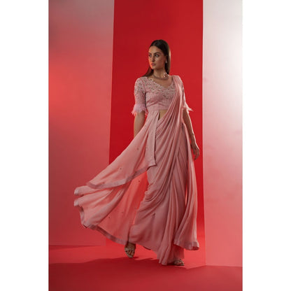 Suruchi Parakh Pink Embroidered Pre Drape Saree and Blouse Jacket with Stitched