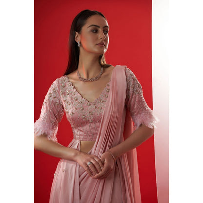 Suruchi Parakh Pink Embroidered Pre Drape Saree and Blouse Jacket with Stitched