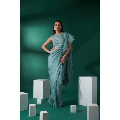 Suruchi Parakh Green Embroidered Pre Drape Saree and Blouse with Stitched