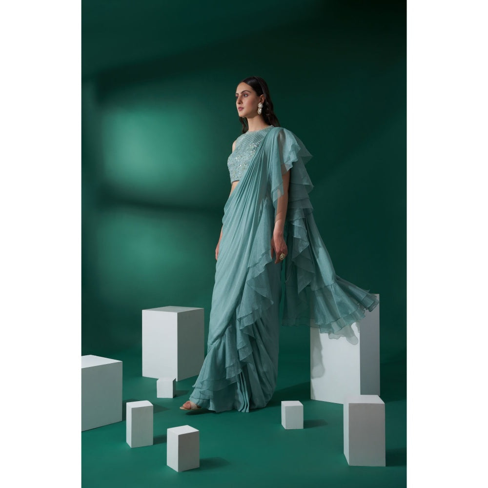 Suruchi Parakh Green Embroidered Pre Drape Saree and Blouse with Stitched