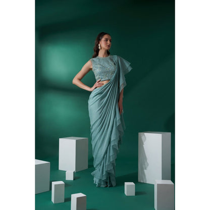 Suruchi Parakh Green Embroidered Pre Drape Saree and Blouse with Stitched