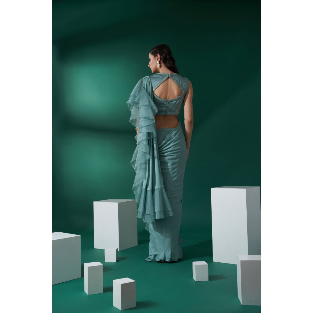 Suruchi Parakh Green Embroidered Pre Drape Saree and Blouse with Stitched