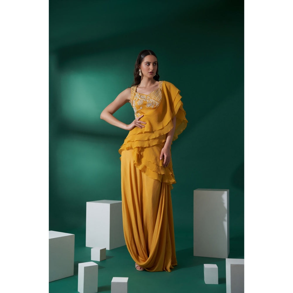 Suruchi Parakh Womens Mustard Embroidered Pre Drape Saree and Blouse with Stitched