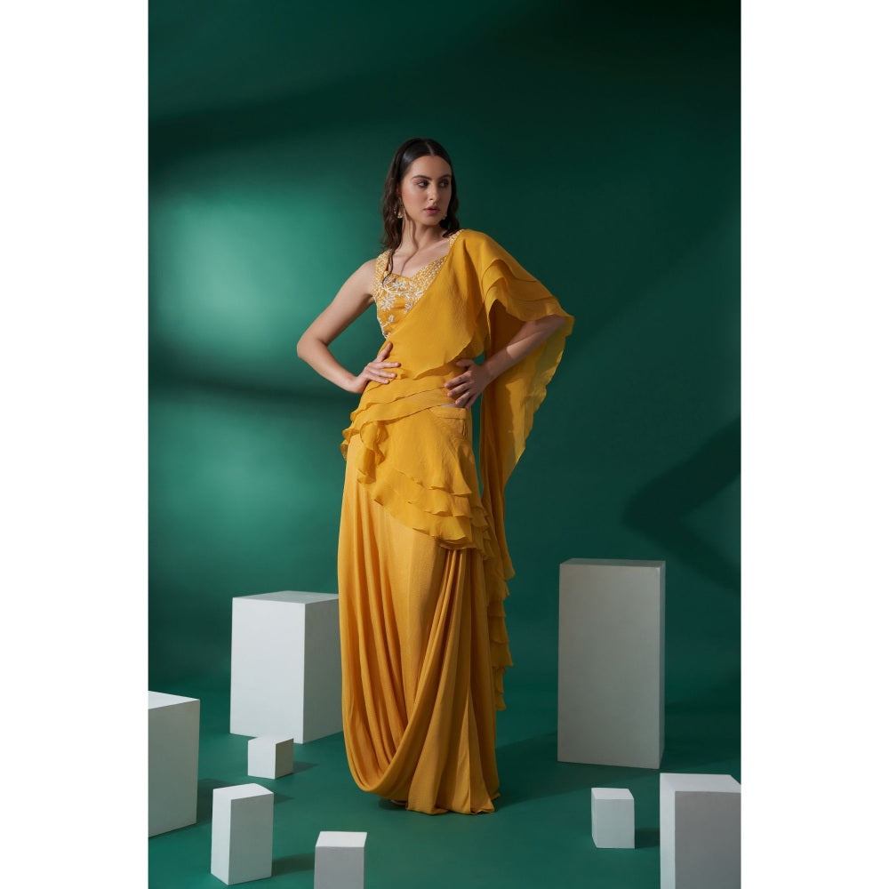 Suruchi Parakh Womens Mustard Embroidered Pre Drape Saree and Blouse with Stitched