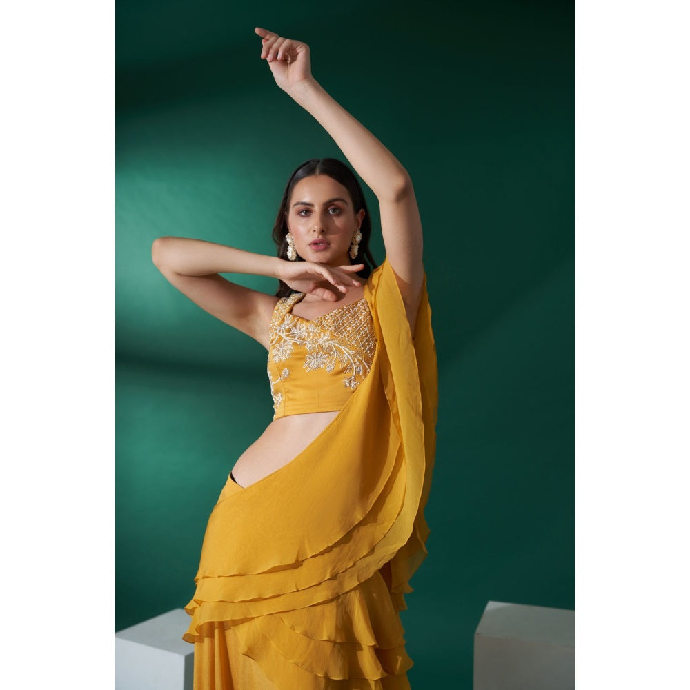 Suruchi Parakh Womens Mustard Embroidered Pre Drape Saree and Blouse with Stitched